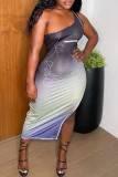 Gradient Color Fashion Print Backless Slit One Shoulder Sleeveless Dress