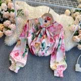 Pink Sweet Print Bandage Patchwork Buckle O Neck Tops