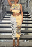 Yellow Fashion Street Print Patchwork High Waist Harlan Bottoms