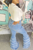 Baby Blue Fashion Street Patchwork Ripped Denim Jeans