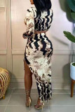 Purple Fashion Sexy Print Slit O Neck Long Sleeve Two Pieces