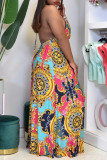 Green Fashion Sexy Print Backless Spaghetti Strap Sleeveless Dress