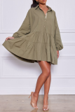 Green Casual Solid Flounce Turndown Collar Cake Skirt Dresses
