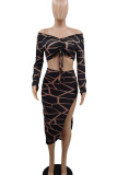Black Sexy Print Patchwork Draw String Fold V Neck Long Sleeve Two Pieces