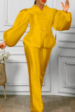Yellow Fashion Casual Solid Slit V Neck Long Sleeve Two Pieces