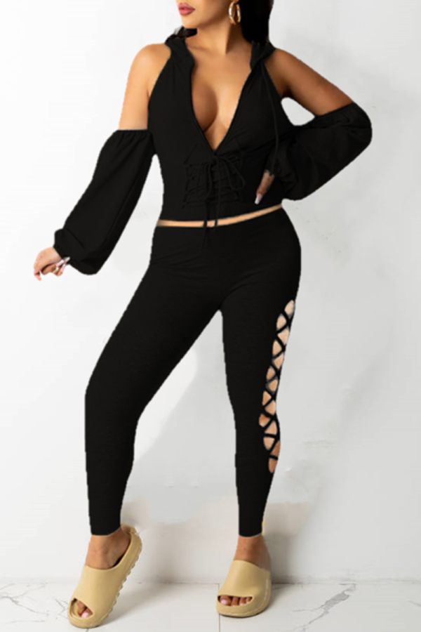 Black Fashion Sexy Solid Bandage Hollowed Out Zipper Hooded Collar Long Sleeve Two Pieces