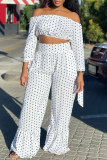 White Sexy Casual Dot Print Backless Off the Shoulder Long Sleeve Two Pieces