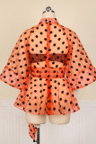 Orange Fashion Dot Print Frenulum See-through Mandarin Collar Tops