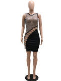 Black Sexy Patchwork Hollowed Out Mesh O Neck Pencil Skirt Dresses