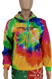 Multi-color Casual Print Tie Dye Patchwork Hooded Collar Tops