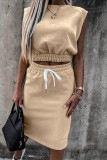 Beige Fashion Casual Solid Slit O Neck Sleeveless Two Pieces