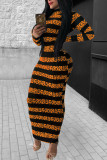 Orange Fashion Casual Striped Print Basic O Neck Long Sleeve Dress
