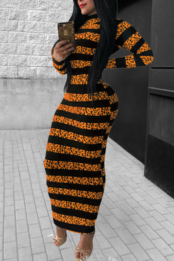 Orange Fashion Casual Striped Print Basic O Neck Long Sleeve Dress