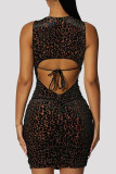 Khaki Fashion Sexy Print Leopard Bandage Hollowed Out O Neck Sleeveless Dress