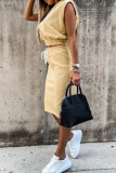 Beige Fashion Casual Solid Slit O Neck Sleeveless Two Pieces