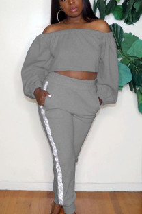 Grey Sexy Adult Solid Sequins Split Joint Bateau Neck Long Sleeve Regular Sleeve Short Two Pieces