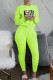 Fluorescent Green Fashion Sexy Print Patchwork O Neck Long Sleeve Two Pieces