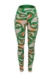 Green Fashion Street Print Mid Waist Pencil Bottoms
