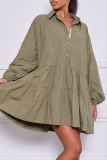 Green Casual Solid Flounce Turndown Collar Cake Skirt Dresses