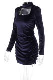 Deep Blue Sexy Solid Patchwork Halter Pencil Skirt Dresses