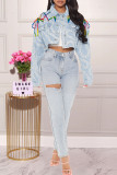 Baby Blue Fashion Street Print Bandage Turndown Collar Long Sleeve Denim Jacket