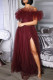 Burgundy Sweet Elegant Solid Split Joint Off the Shoulder Strapless Dress Plus Size Dresses