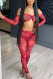 Watermelon Red Fashion Sexy Print Patchwork Strapless Long Sleeve Two Pieces