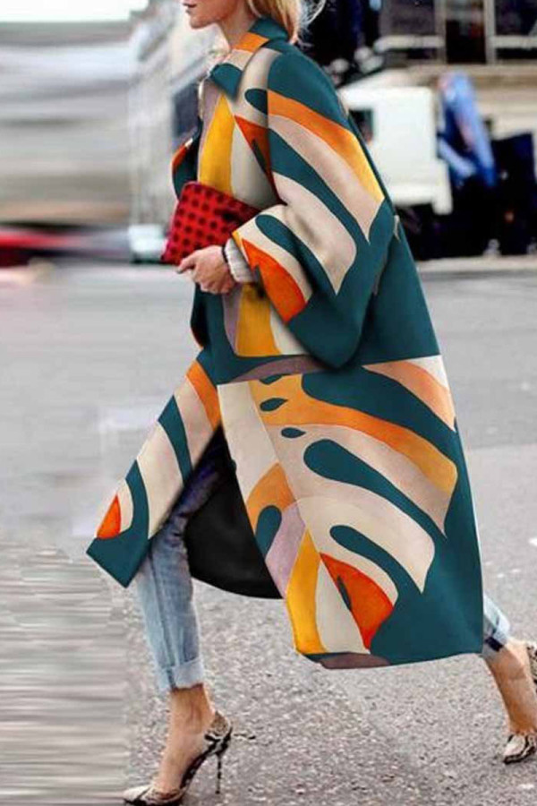 Turquoise Street Camouflage Print Split Joint Turndown Collar Outerwear