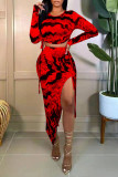 Purple Fashion Sexy Print Slit O Neck Long Sleeve Two Pieces