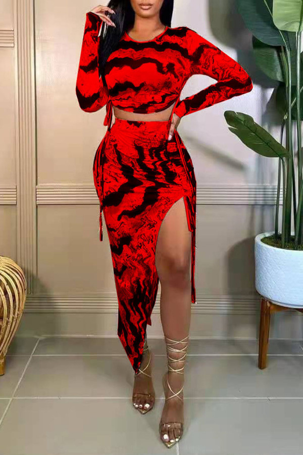 Red Fashion Sexy Print Slit O Neck Long Sleeve Two Pieces