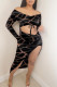 Black Sexy Print Patchwork Draw String Fold V Neck Long Sleeve Two Pieces