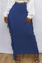 Blue Fashion Casual Solid Tassel Regular High Waist Skirt