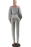 Grey Sexy Adult Solid Sequins Patchwork Bateau Neck Long Sleeve Regular Sleeve Short Two Pieces