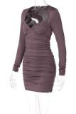 Purple Fashion Sexy Solid Fold V Neck Long Sleeve Dresses
