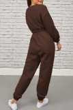Coffee Fashion Sportswear Solid Patchwork V Neck Long Sleeve Two Pieces