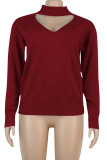 Wine Red O Neck Long Sleeve Patchwork Solid