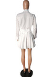 White Fashion Casual Solid Split Joint Turndown Collar Pleated Dresses