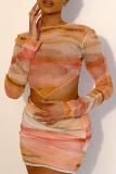 Yellow Sexy Print Patchwork O Neck Long Sleeve Two Pieces