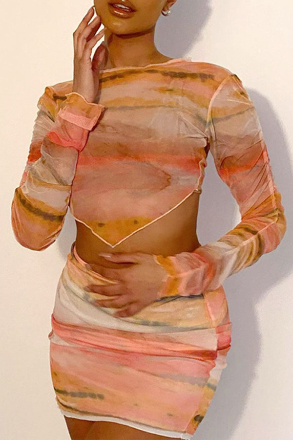 Yellow Sexy Print Patchwork O Neck Long Sleeve Two Pieces