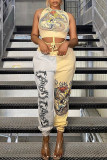 Yellow Fashion Street Print Patchwork High Waist Harlan Bottoms