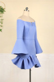 Sky Blue Fashion Sexy Solid Flounce Off the Shoulder Long Sleeve Dresses