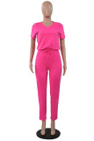 Pink adult Casual Fashion Solid Two Piece Suits Patchwork Bandage Straight Short Sleeve