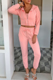 Pink Fashion Casual Solid Patchwork Hooded Collar Nine Points Sleeve Three Pieces