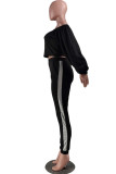 Black Sexy Adult Solid Sequins Patchwork Bateau Neck Long Sleeve Regular Sleeve Short Two Pieces