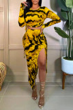Purple Fashion Sexy Print Slit O Neck Long Sleeve Two Pieces
