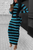 Sky Blue Fashion Casual Striped Print Basic O Neck Long Sleeve Dress