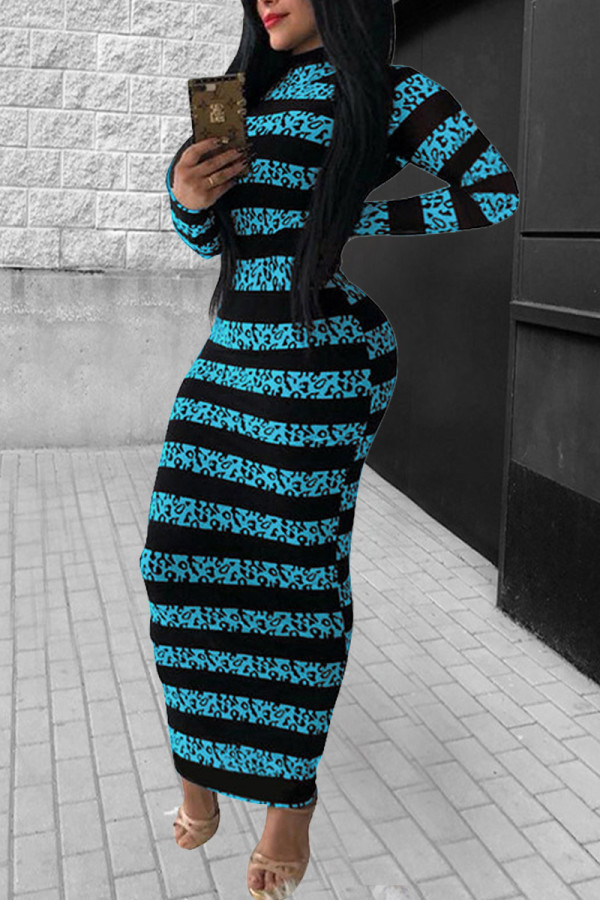Sky Blue Fashion Casual Striped Print Basic O Neck Long Sleeve Dress
