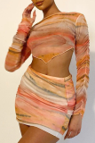 Yellow Sexy Print Patchwork O Neck Long Sleeve Two Pieces