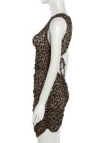 Khaki Fashion Sexy Print Leopard Bandage Hollowed Out O Neck Sleeveless Dress