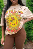 Apricot Casual Print Split Joint O Neck T-Shirts